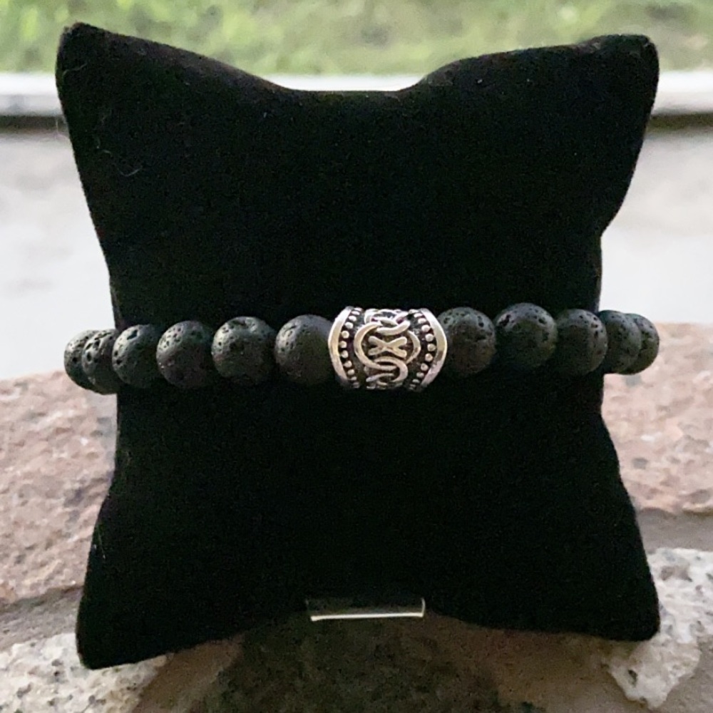 Viking bead bracelet .Men or women celtic knot rune charm black lava rock beads